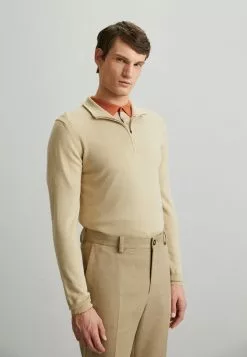 J.LINDEBERGKIYAN QUARTER ZIP - Stickad Tröja - Safari Beige